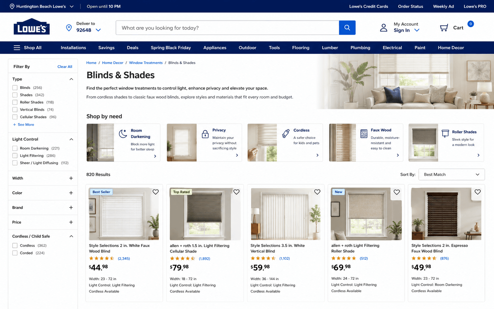 Lowe's Blinds and Shades category page
